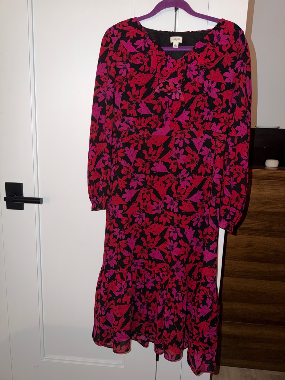 J. Crew Black Dress with Red Floral Pattern and Long Sleeves